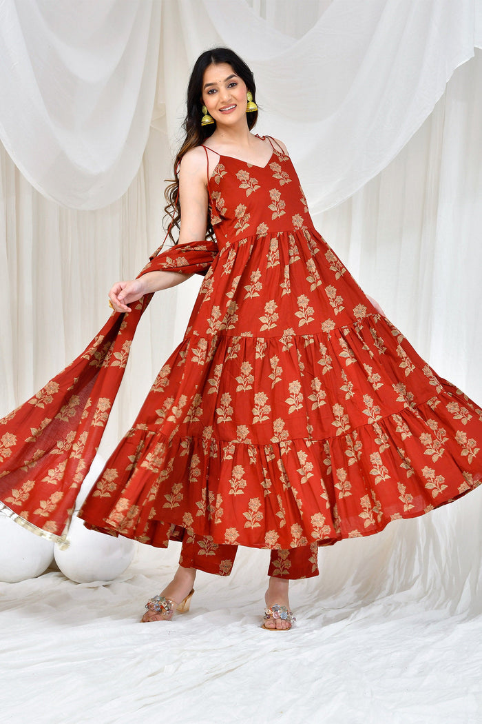 <img> Maroon Cotton Anarkali Set With Floral Prints