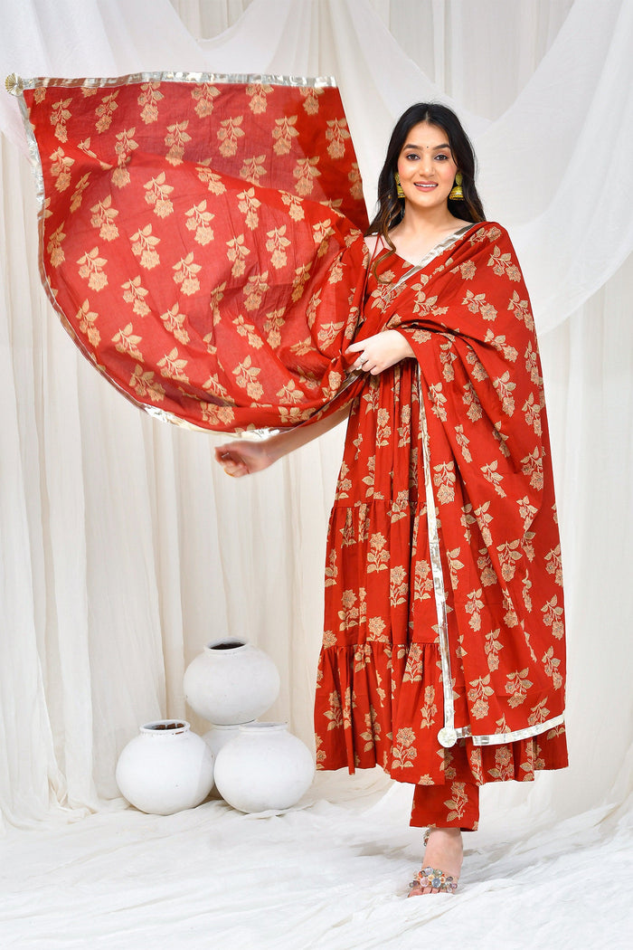 <img> Maroon Cotton Anarkali Set With Floral Prints