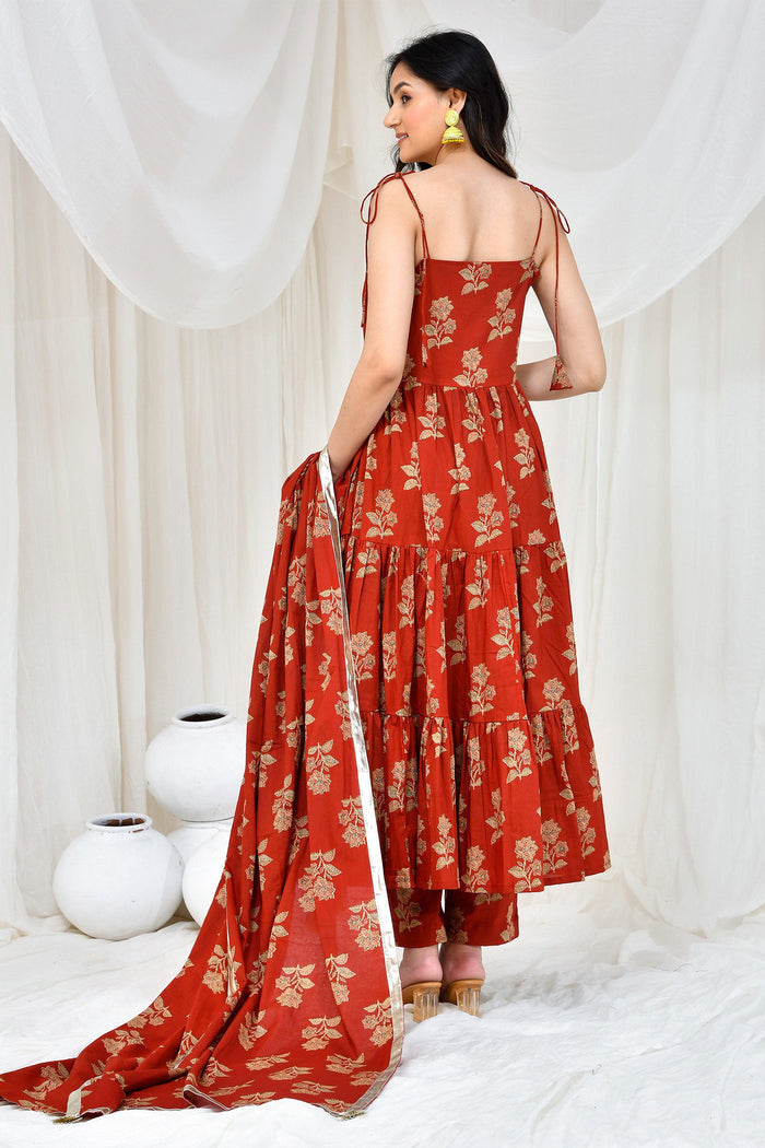 <img> Maroon Cotton Anarkali Set With Floral Prints