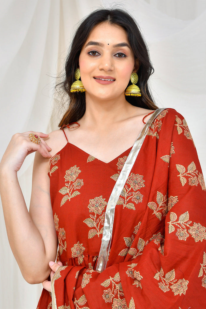 <img> Maroon Cotton Anarkali Set With Floral Prints
