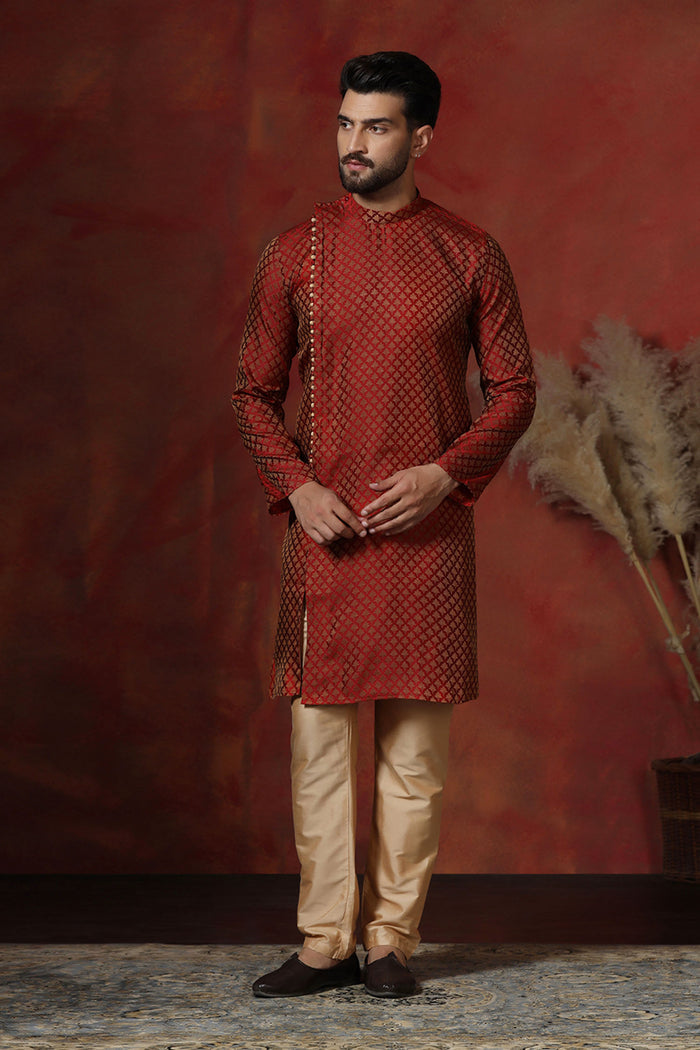Maroon Cotton Blend Printed Designer Kurta Set