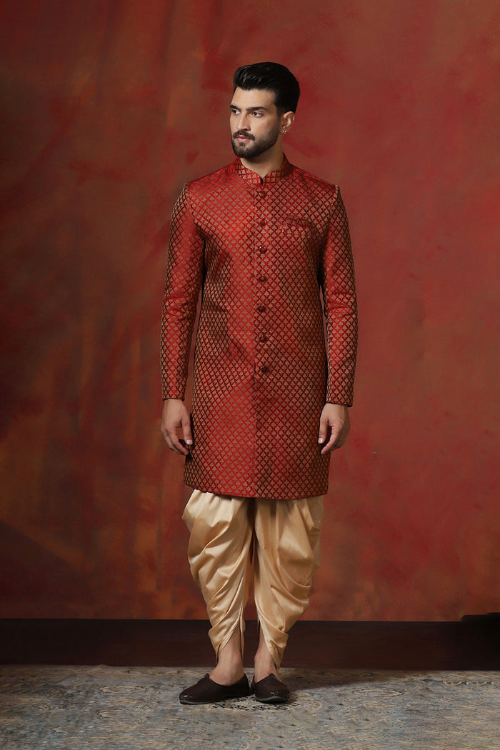 Maroon Cotton Blend Printed Sherwani Set