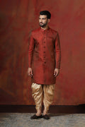 Maroon Cotton Blend Printed Sherwani Set
