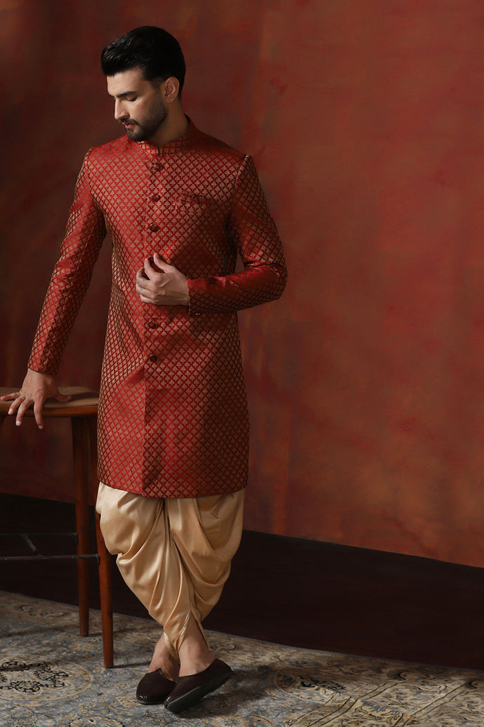 Maroon Cotton Blend Printed Sherwani Set