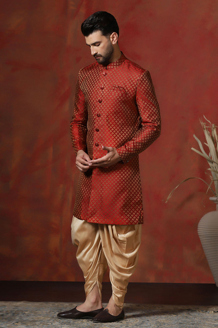 Maroon Cotton Blend Printed Sherwani Set