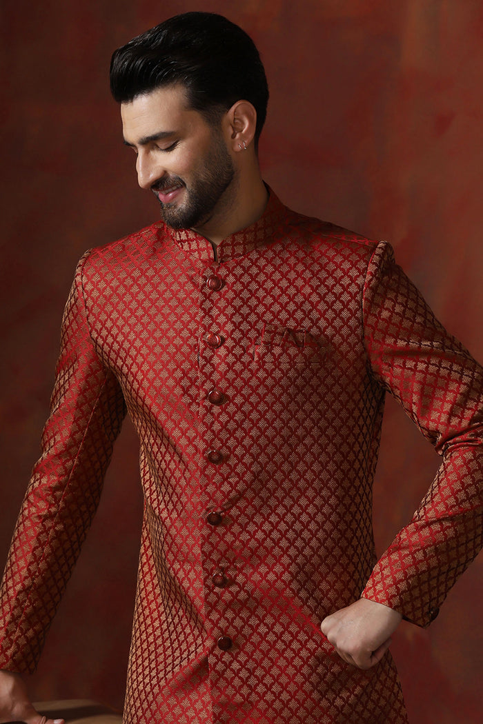 Maroon Cotton Blend Printed Sherwani Set