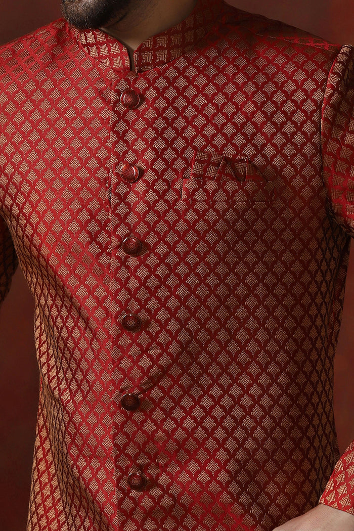 Maroon Cotton Blend Printed Sherwani Set