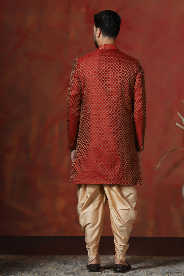 Maroon Cotton Blend Printed Sherwani Set