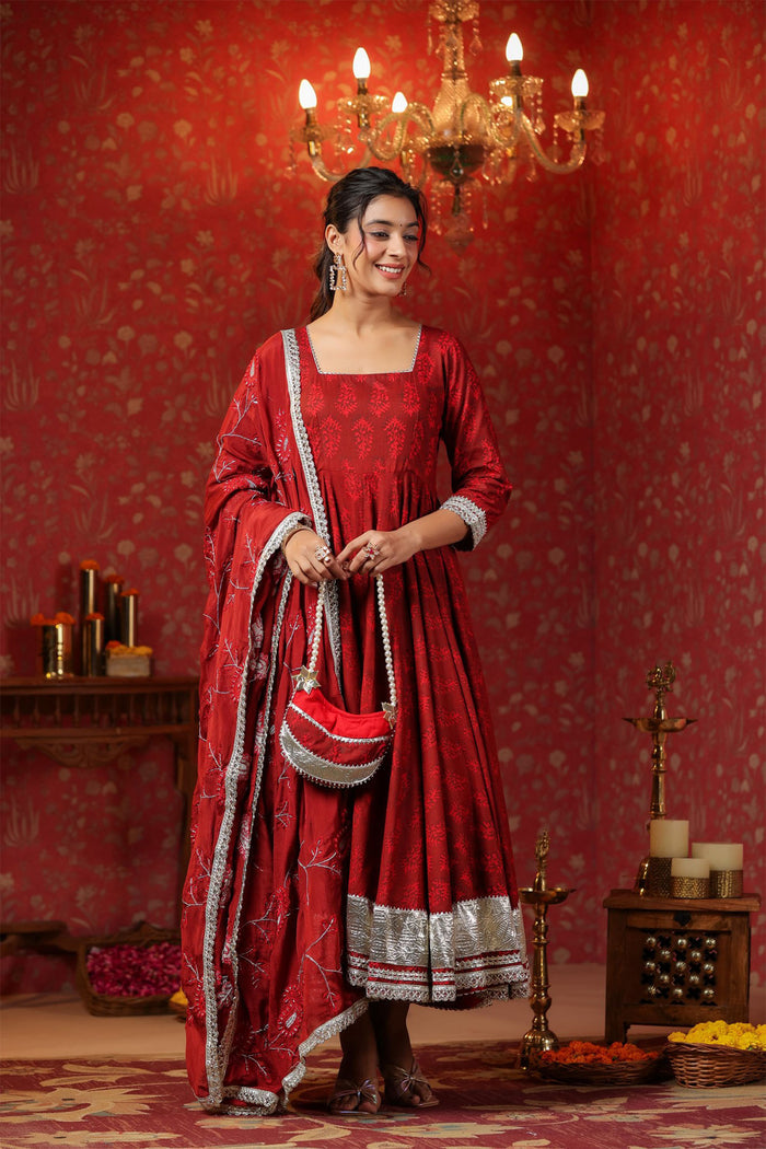 Maroon Cotton Floral Printed Anarkali Set