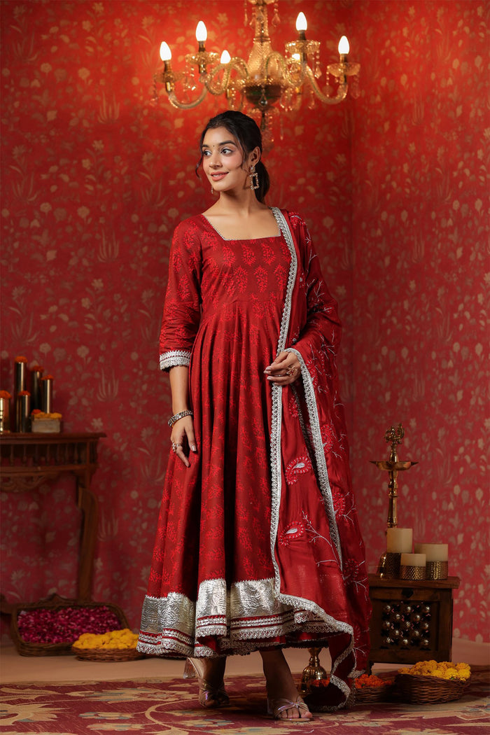 Maroon Cotton Floral Printed Anarkali Set