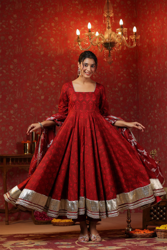Maroon Cotton Floral Printed Anarkali Set