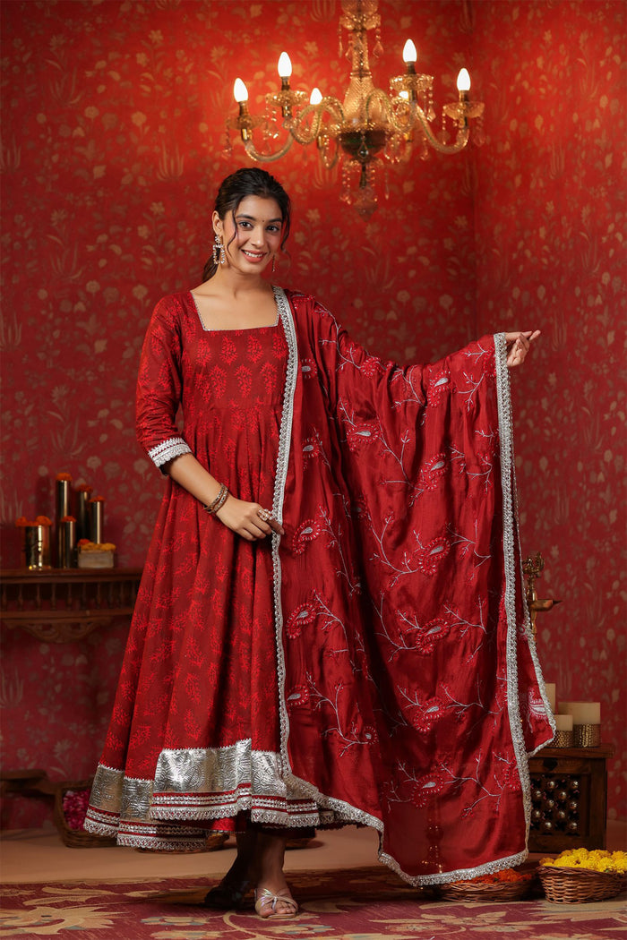 Maroon Cotton Floral Printed Anarkali Set