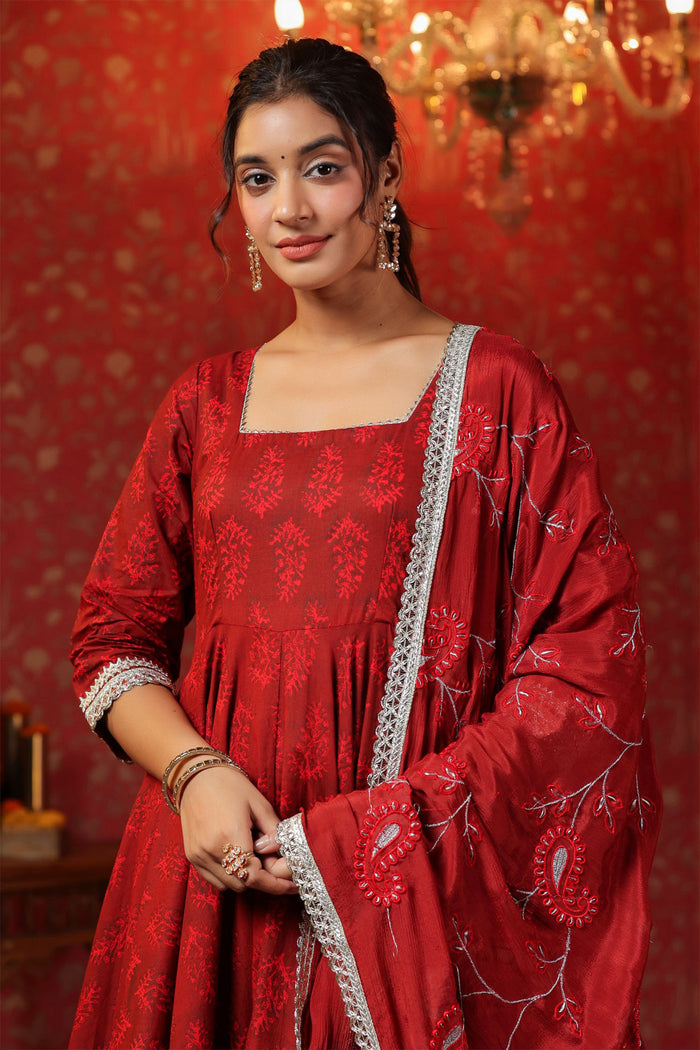 Maroon Cotton Floral Printed Anarkali Set
