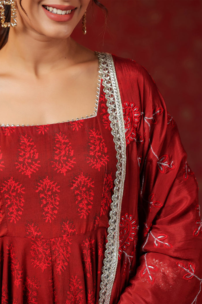 Maroon Cotton Floral Printed Anarkali Set
