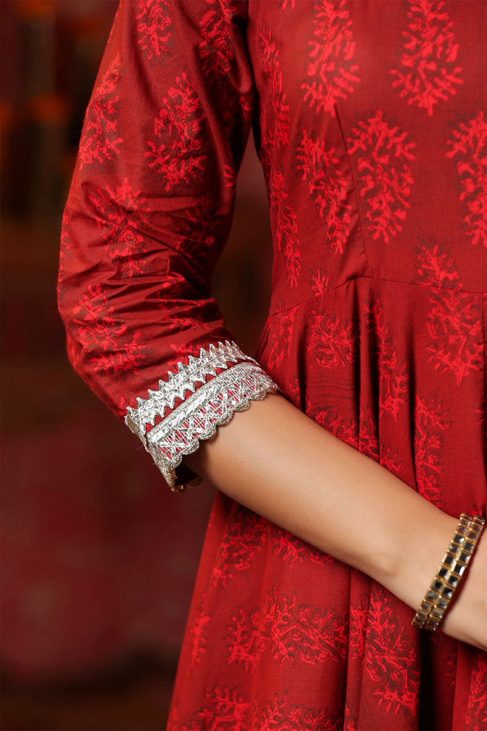 Maroon Cotton Floral Printed Anarkali Set