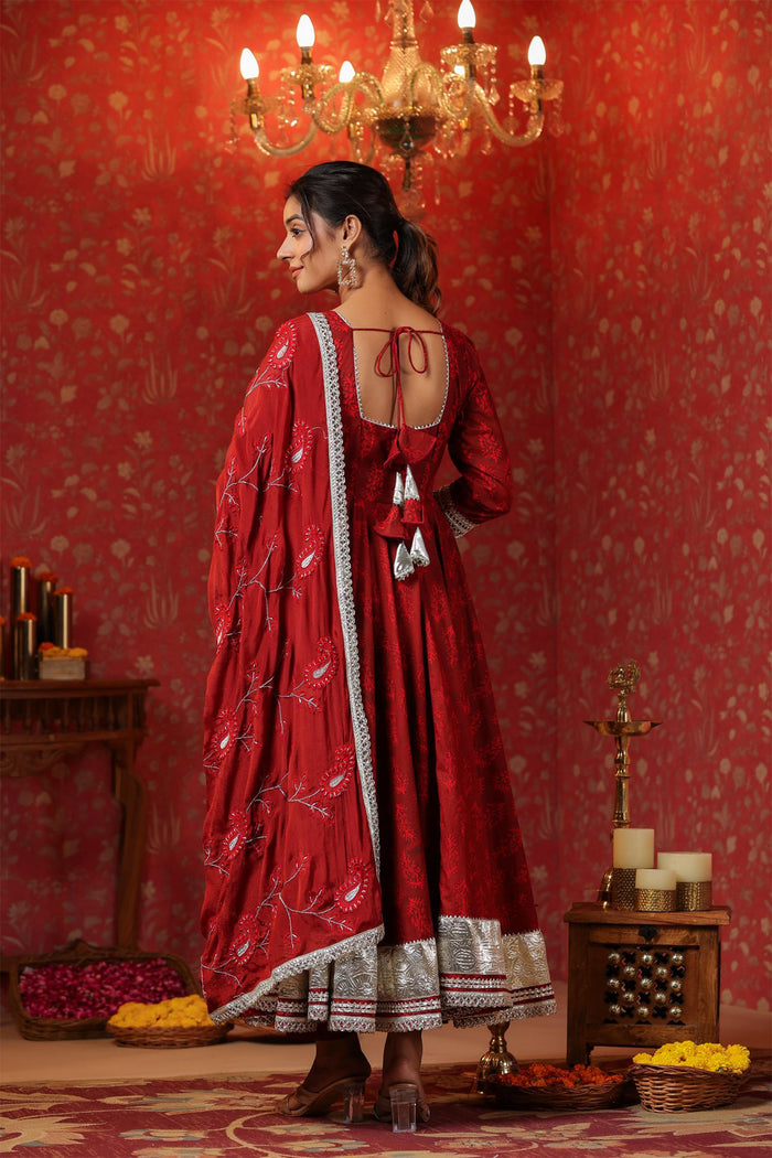 Maroon Cotton Floral Printed Anarkali Set