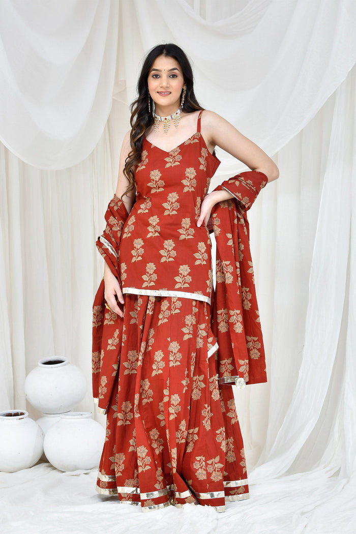 Maroon Cotton Kurta And Skirt Set With Floral Prints