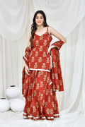 Maroon Cotton Kurta And Skirt Set With Floral Prints