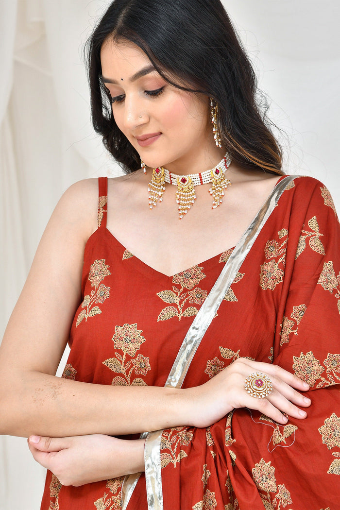 Maroon Cotton Kurta And Skirt Set With Floral Prints