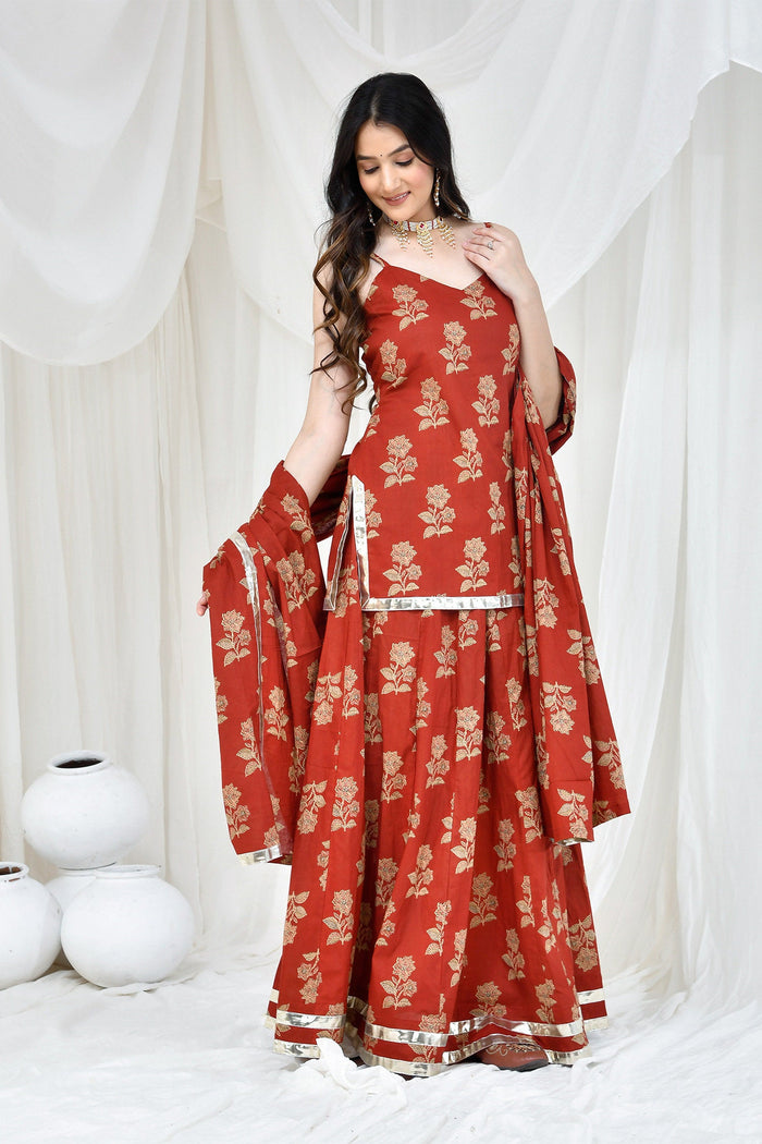 Maroon Cotton Kurta And Skirt Set With Floral Prints