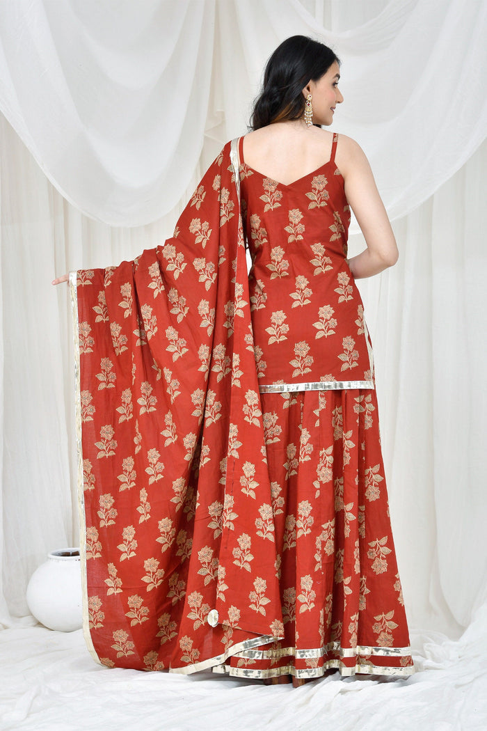 Maroon Cotton Kurta And Skirt Set With Floral Prints