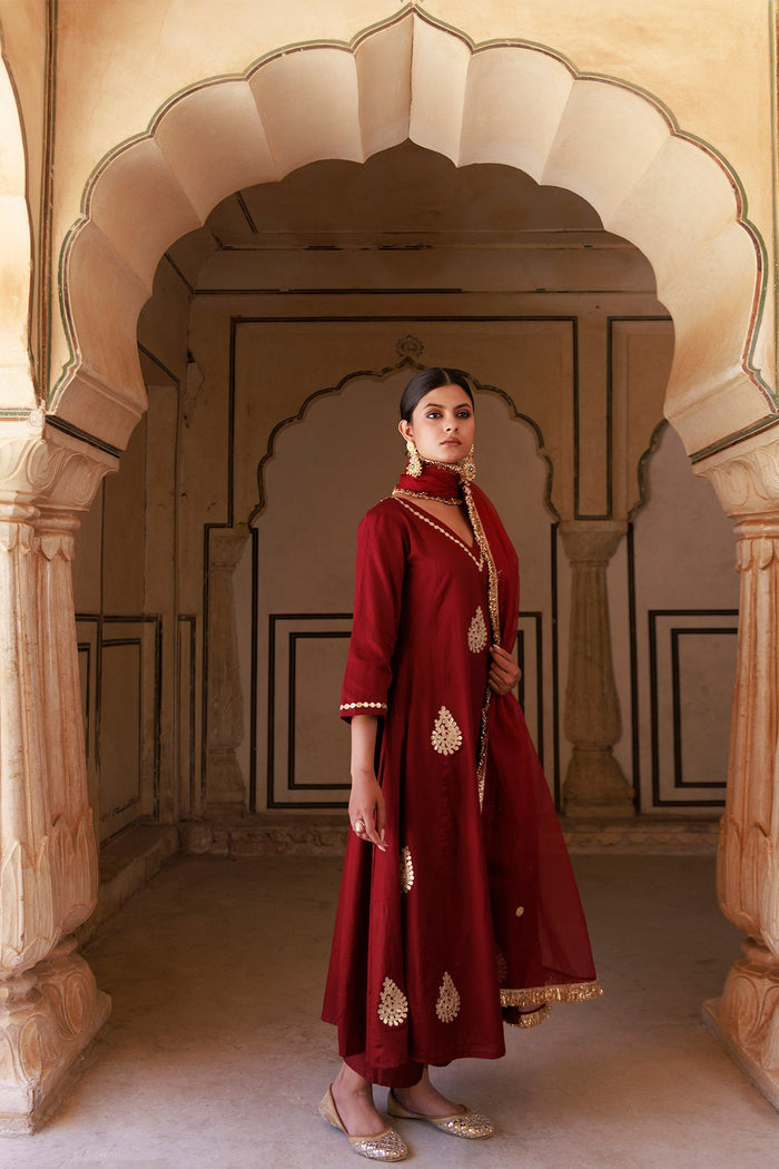 Maroon Cotton Silk Kurta Set