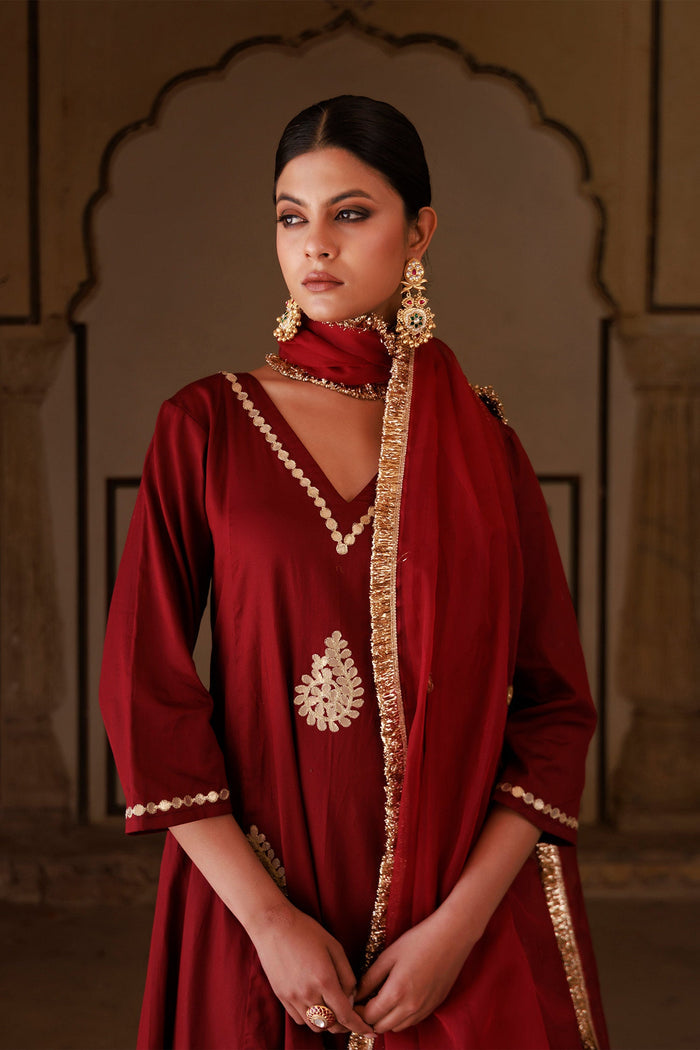 Maroon Cotton Silk Kurta Set