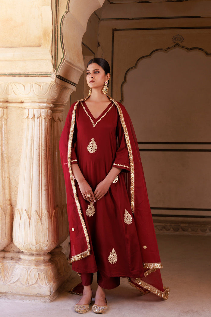 Maroon Cotton Silk Kurta Set