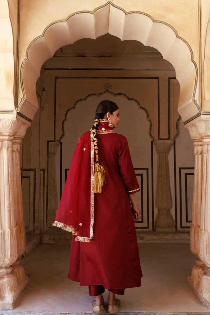 Maroon Cotton Silk Kurta Set