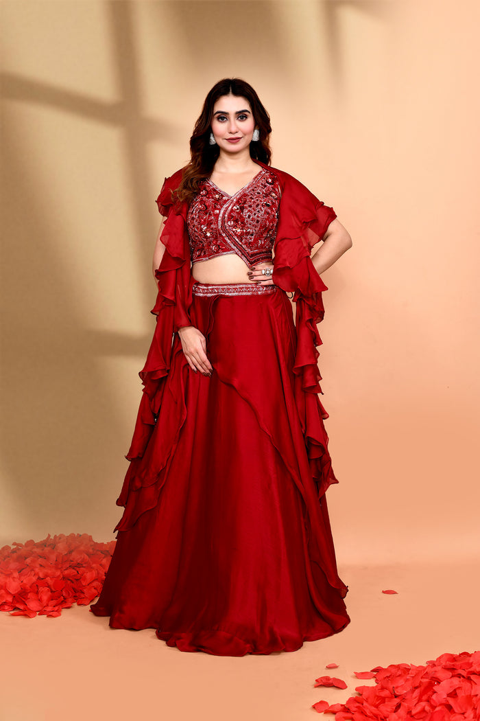 Maroon Crepe Silk Embroidered Lehenga Set