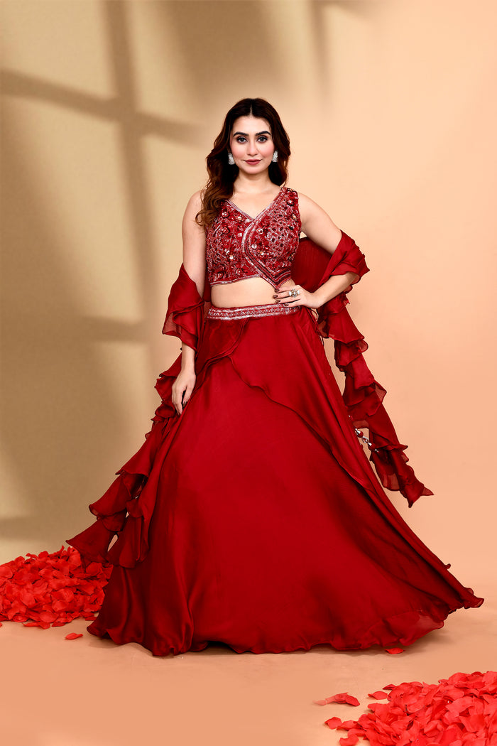 Maroon Crepe Silk Embroidered Lehenga Set