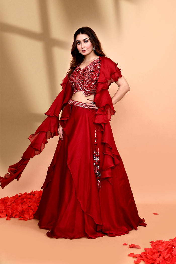 Maroon Crepe Silk Embroidered Lehenga Set