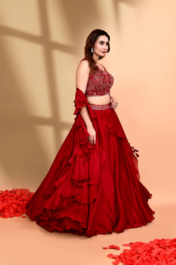 Maroon Crepe Silk Embroidered Lehenga Set