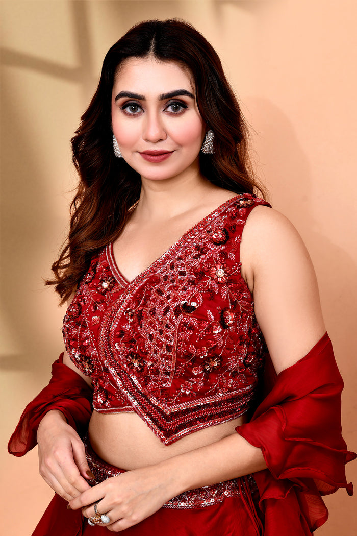 Maroon Crepe Silk Embroidered Lehenga Set