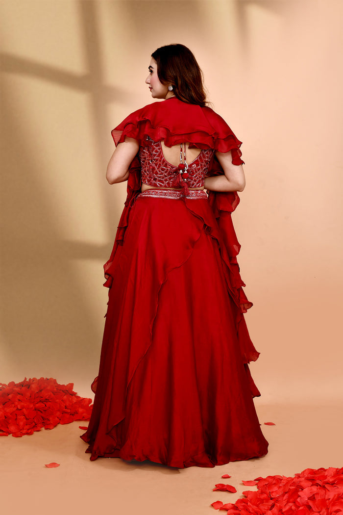 Maroon Crepe Silk Embroidered Lehenga Set