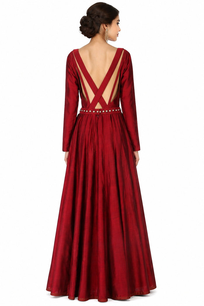 Maroon Embellished Long Sleeve Gown