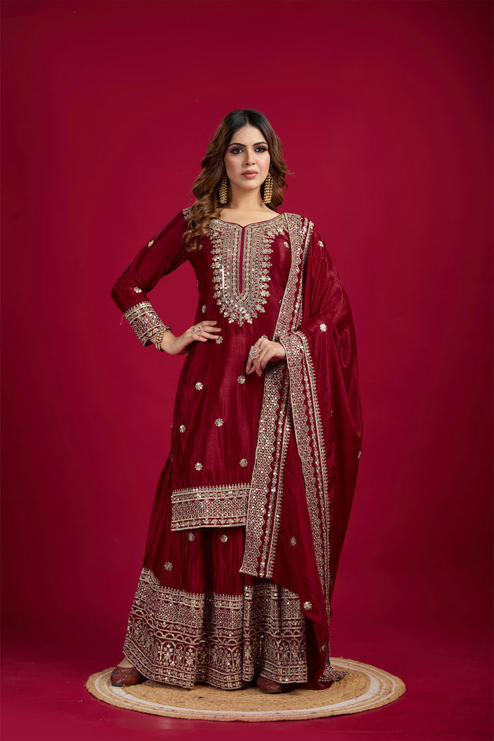 Maroon Embroidered Silk Floral Sharara Set