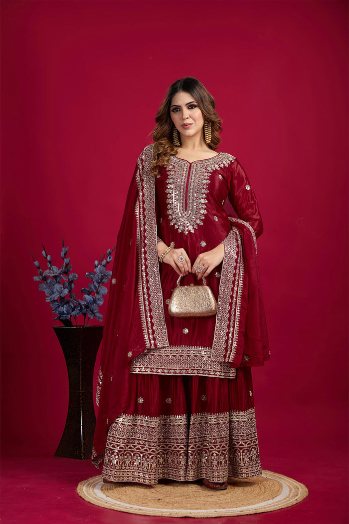 Maroon Embroidered Silk Floral Sharara Set