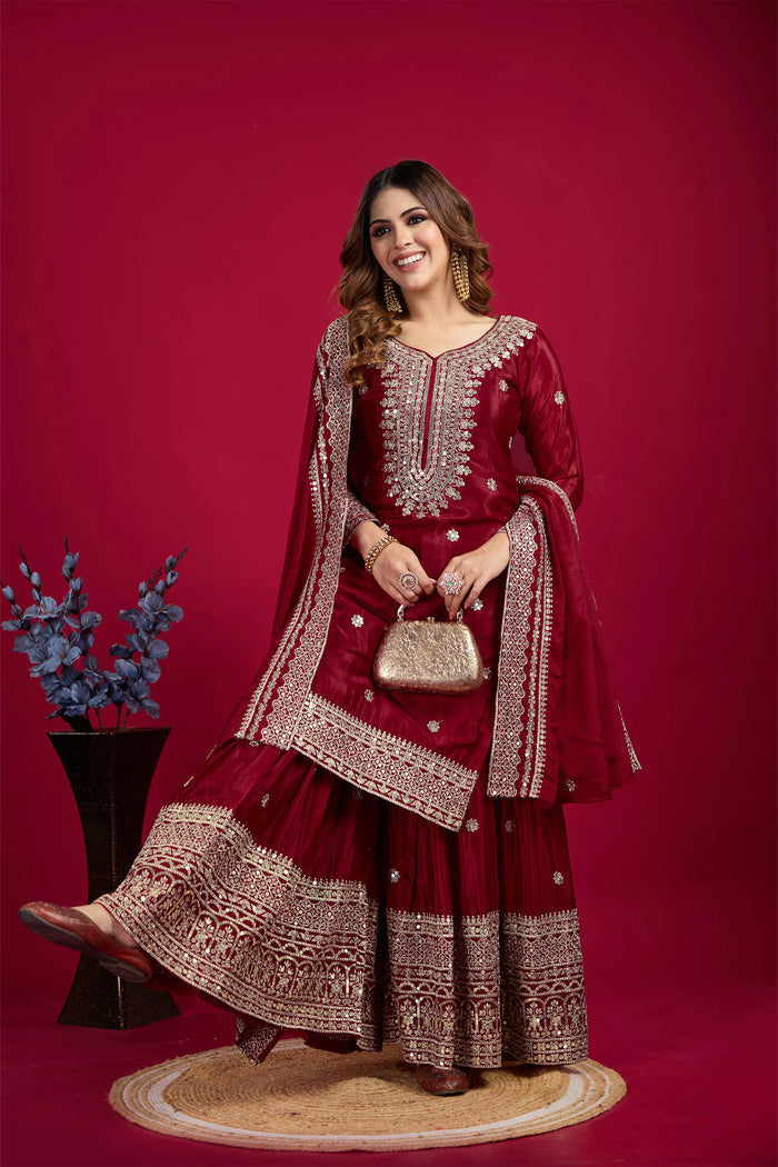 Maroon Embroidered Silk Floral Sharara Set