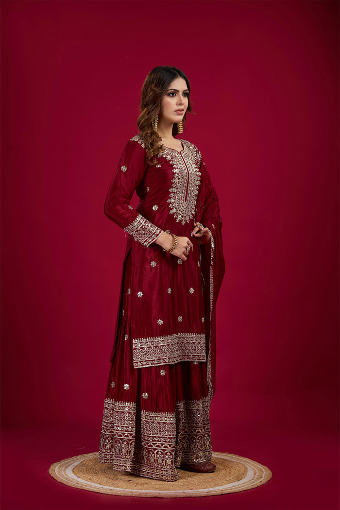 Maroon Embroidered Silk Floral Sharara Set