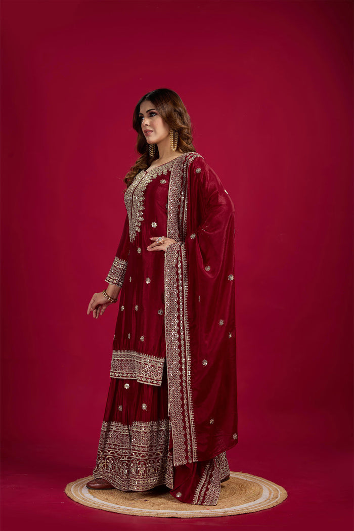 Maroon Embroidered Silk Floral Sharara Set
