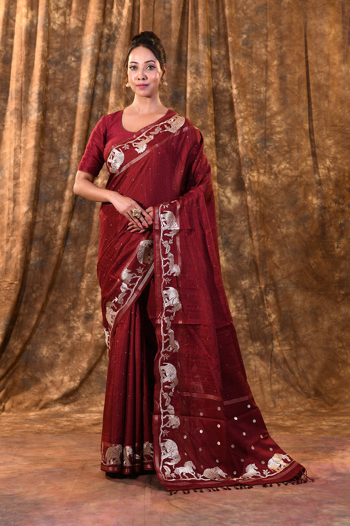 Maroon Embroidered Tussar Silk Saree