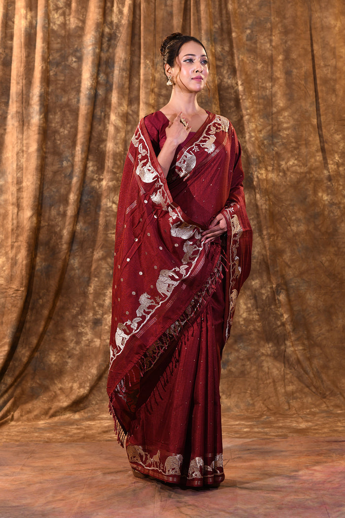 Maroon Embroidered Tussar Silk Saree