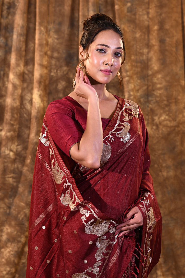Maroon Embroidered Tussar Silk Saree