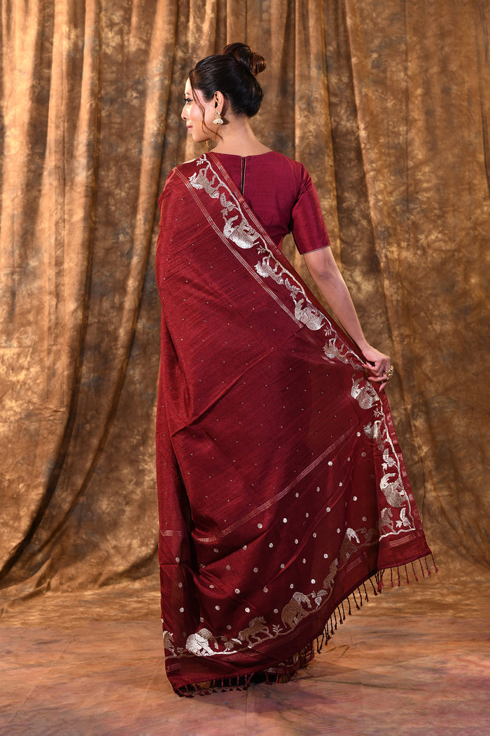 Maroon Embroidered Tussar Silk Saree