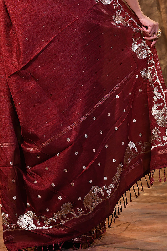 Maroon Embroidered Tussar Silk Saree