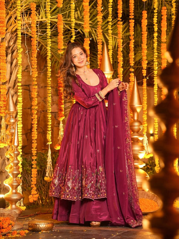 Maroon Floral Embroidered Silk Anarkali Set