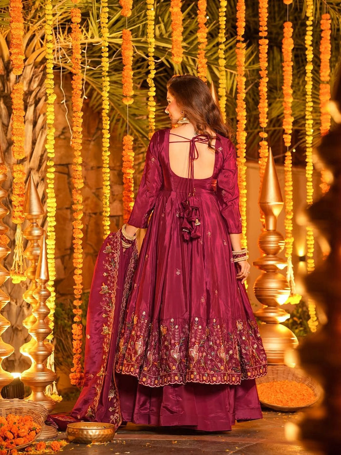Maroon Floral Embroidered Silk Anarkali Set
