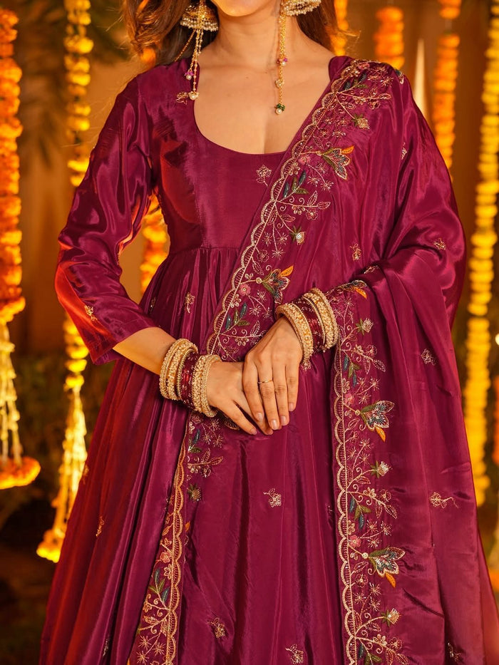 Maroon Floral Embroidered Silk Anarkali Set