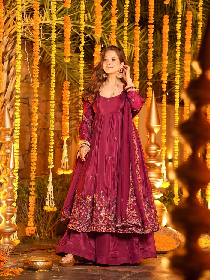Maroon Floral Embroidered Silk Anarkali Set